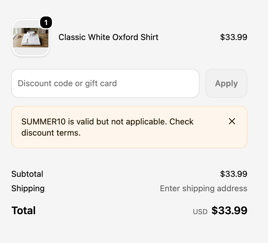 Checkout showing the code accepted but not applied to an on-sale product