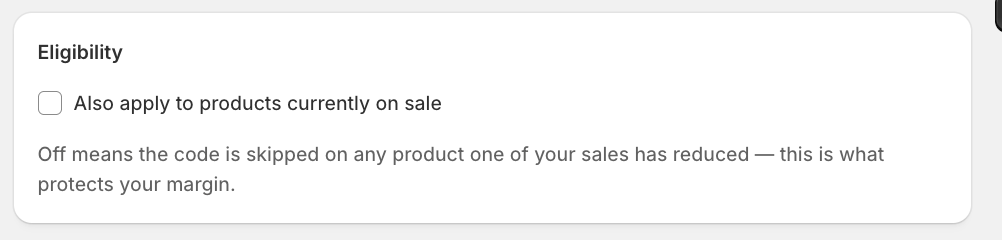 The Eligibility card with the on-sale checkbox unchecked