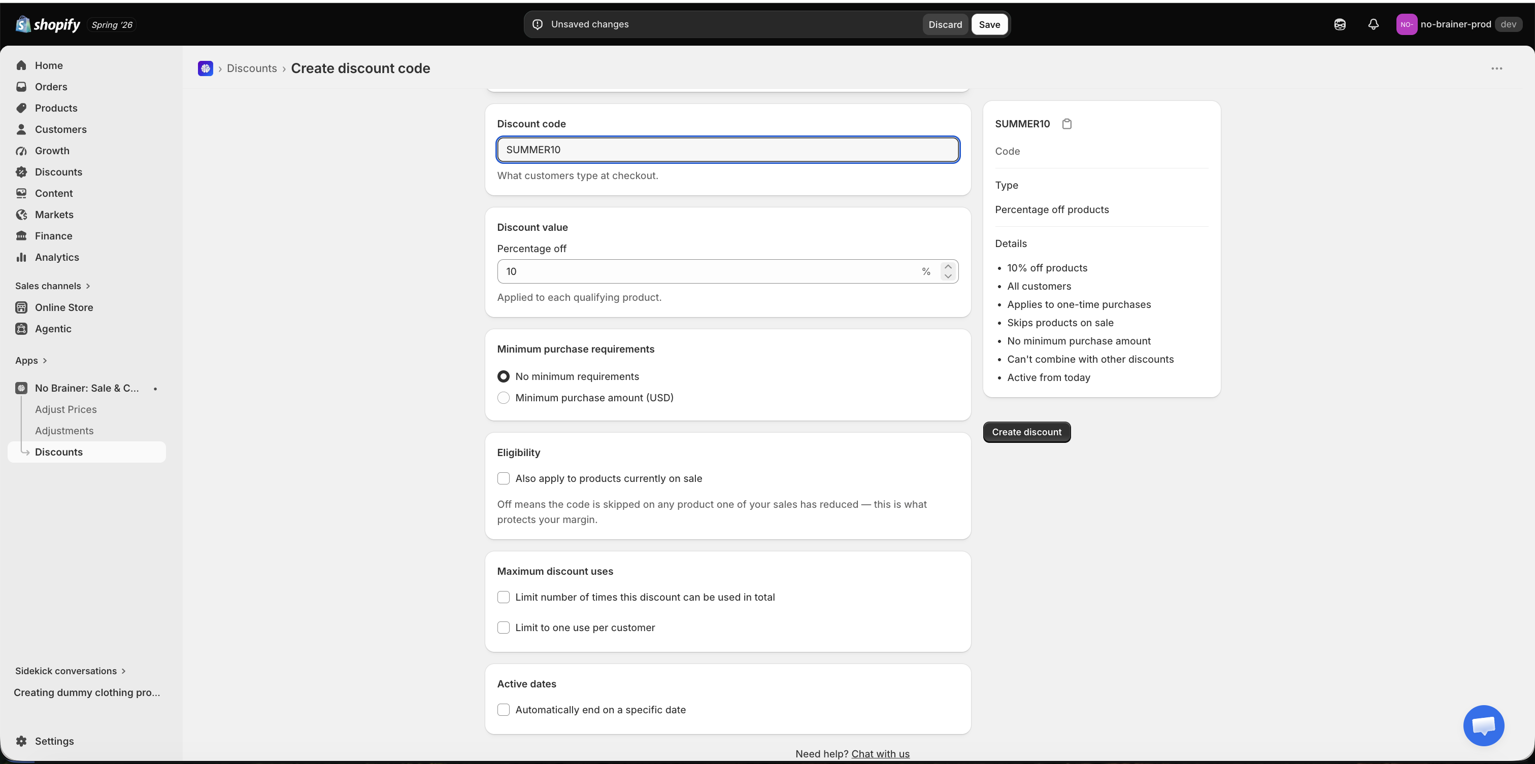 The create discount code form, with a code and percentage filled in